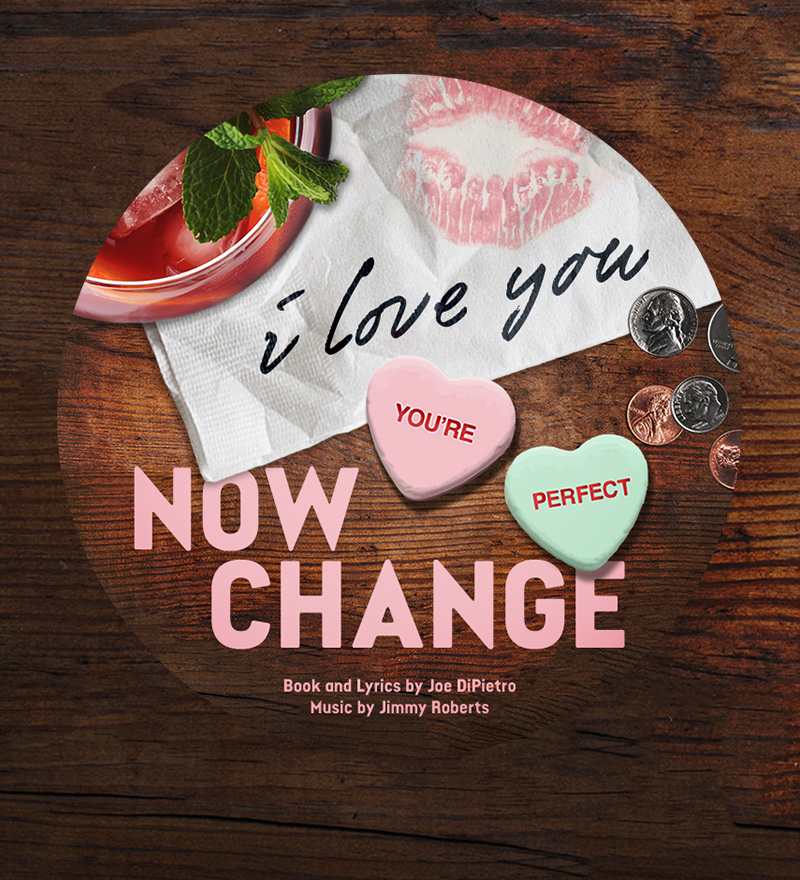 A cocktail is in the left top corner, a napkin with a kiss mark is in the right top corner, 2 conversation hearts are on a table as well as some coins.