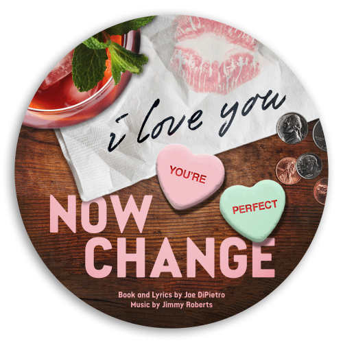 A cocktail is in the left top corner, a napkin with a kiss mark is in the right top corner, 2 conversation hearts are on a table as well as some coins.