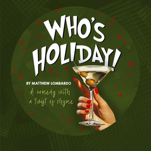 A hand with painted nails holds a cocktail glass containing a dirty martini with 2 olives on a toothpick.