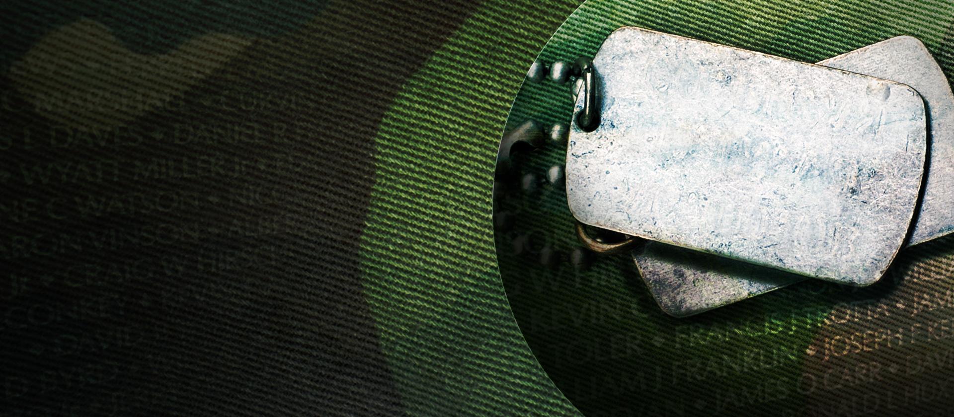2 military dog tags in front of the bakground image of the Vietnam Wall and a heart made out of the American flag.